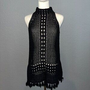 525 AMERICA Crochet Black Tunic Mini Dress Top Cover-up Tassel Hem  - EUC -M